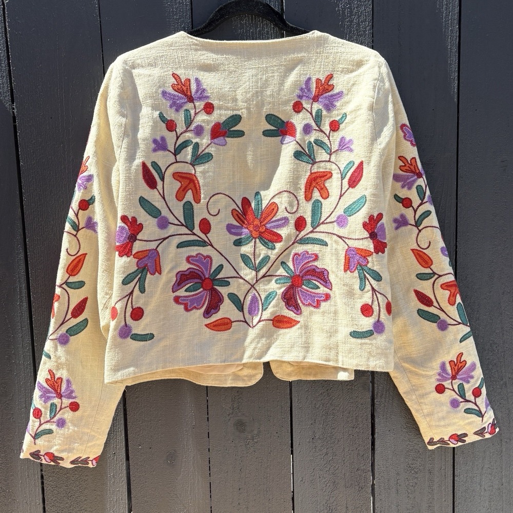 Anthropologie Dolan Boho Folk Art Embroidered Linen Blnd Jacket L Crop Floral - Picture 2 of 12